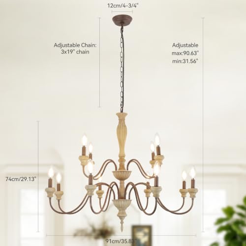 12 Light Large Farmhouse French Country Chandelier for Dining Room (Distressed Wood)