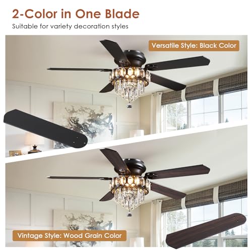 52" Low Profile Crystal Ceiling Fans with LED Lights and Remote (Black-52IN-8337)