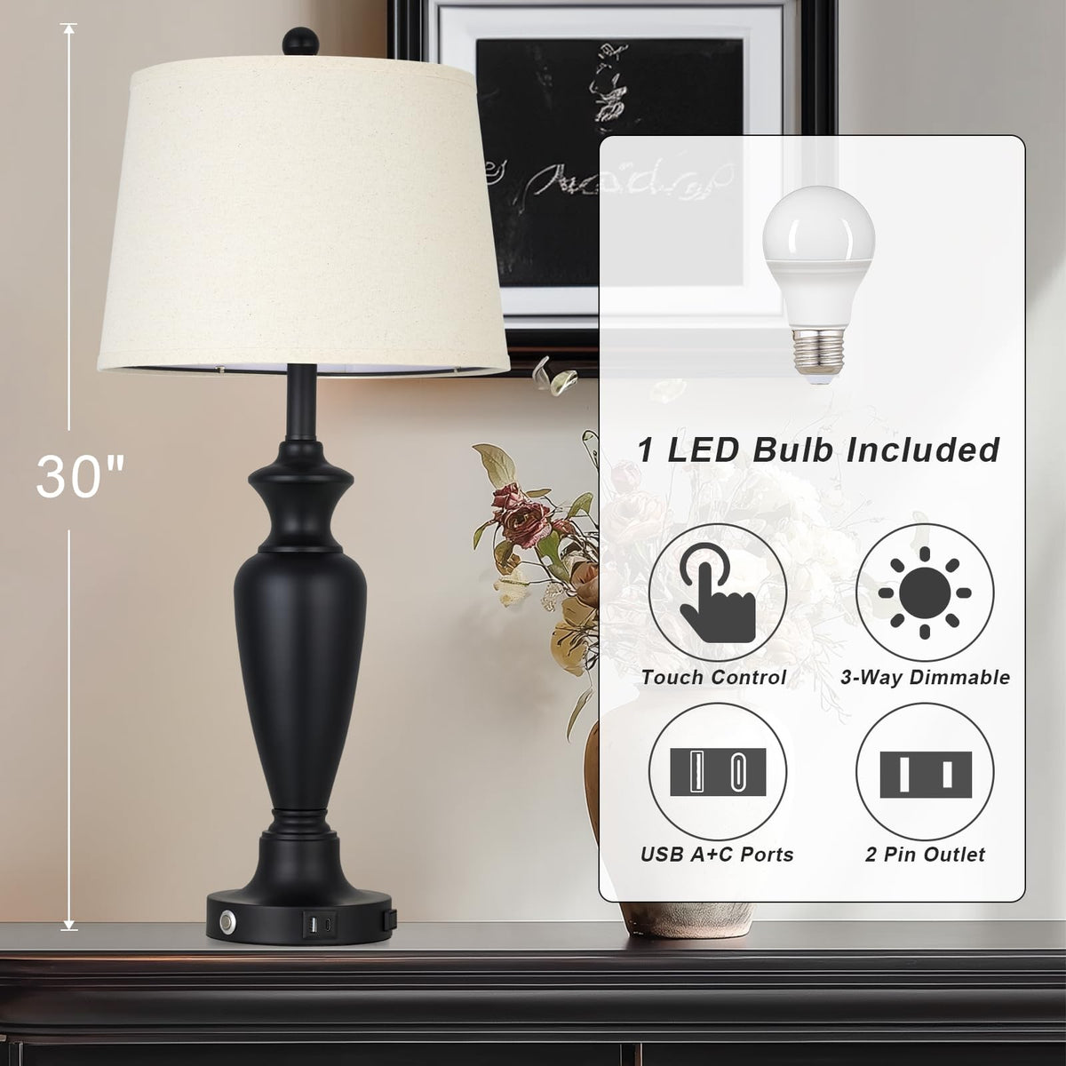Black Table Lamp for Living Room Single (Black - 30"H - 1 Pack)