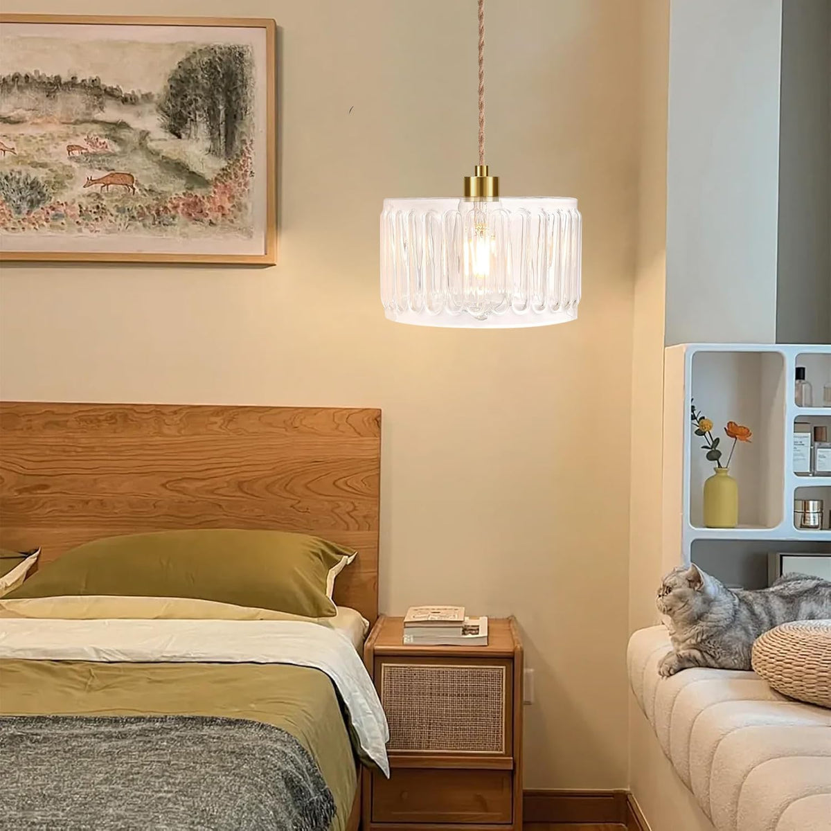 Glass Plug in Pendant Light Hanging Lights with Plug in Cord Milk White Hanging Lamp Gold Dimmable Mid Century Modern Plug in Chandelier Ceiling Fixture for Living Room (Pendant Light-16)