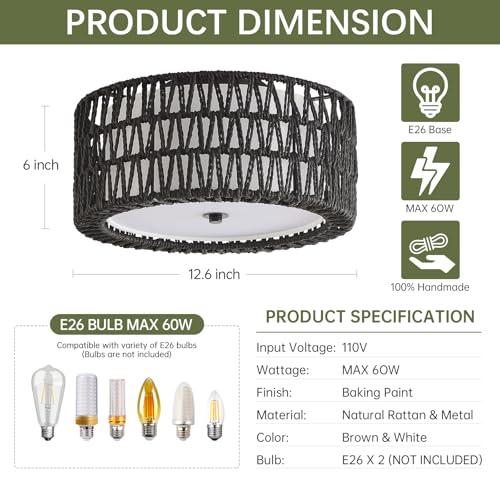 12.6" Black Rattan Ceiling Light (Black / 12.6")
