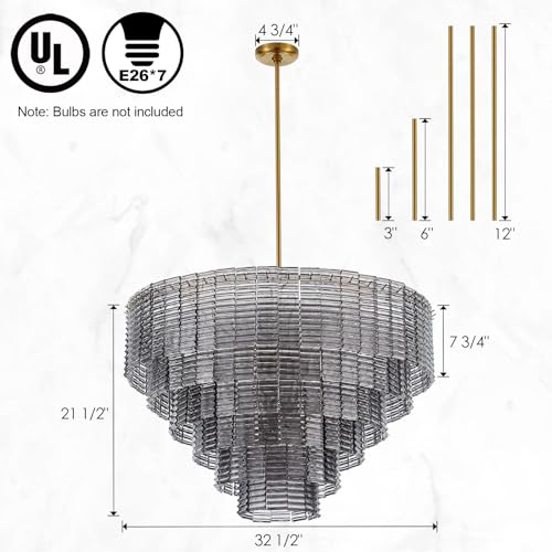 Dia 32.5 Inches Large Modern Smoke Gray Glass Chandelier Brass Finish (Smoke Gray Glass)