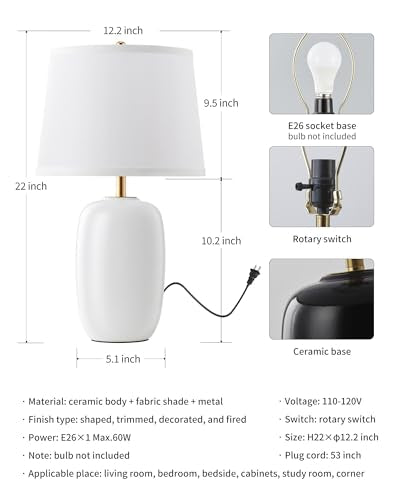 22 Inch White Ceramic Table Lamps Set of 2 (H22" White Ceramic + White Shade (2 Pack) / H22 × ∅12.2 inch)