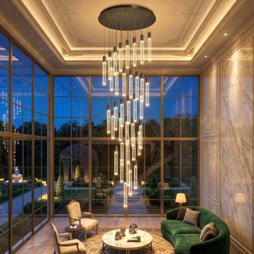16 Foot Chandeliers for Living Room Entryway High Ceiling Light Fixtures Sloped Flush Mount Ceiling Pendant Lighting Dimmable Chandelier with Remote LED Crystal Pendants Lighting Black Light (36 lights / Black)
