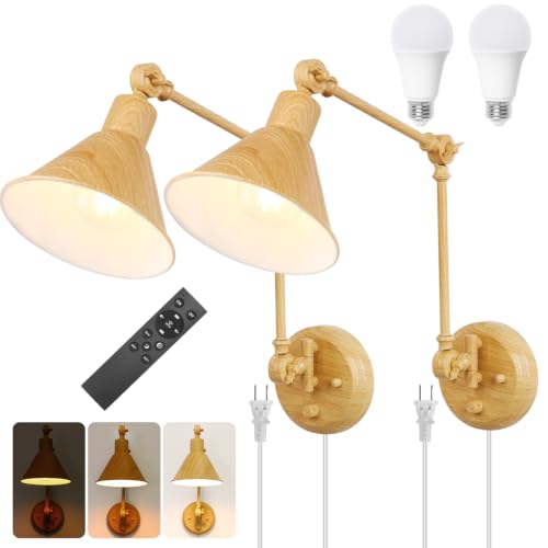 Dimmable Wall Sconce (Oak color / 2 Pack- (Remote+Bulbs))