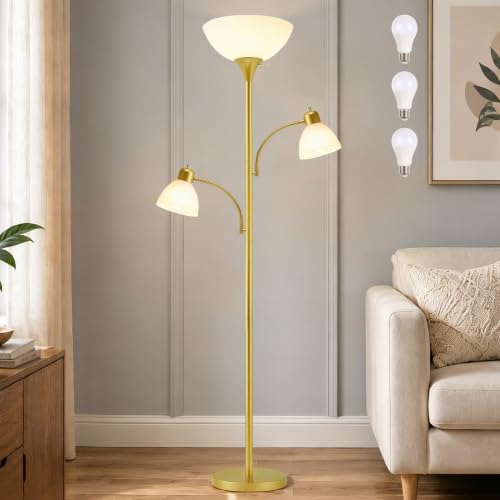 3 Head Torchiere Floor Lamps with 2 Reading Lamp for Living Room (Gold)