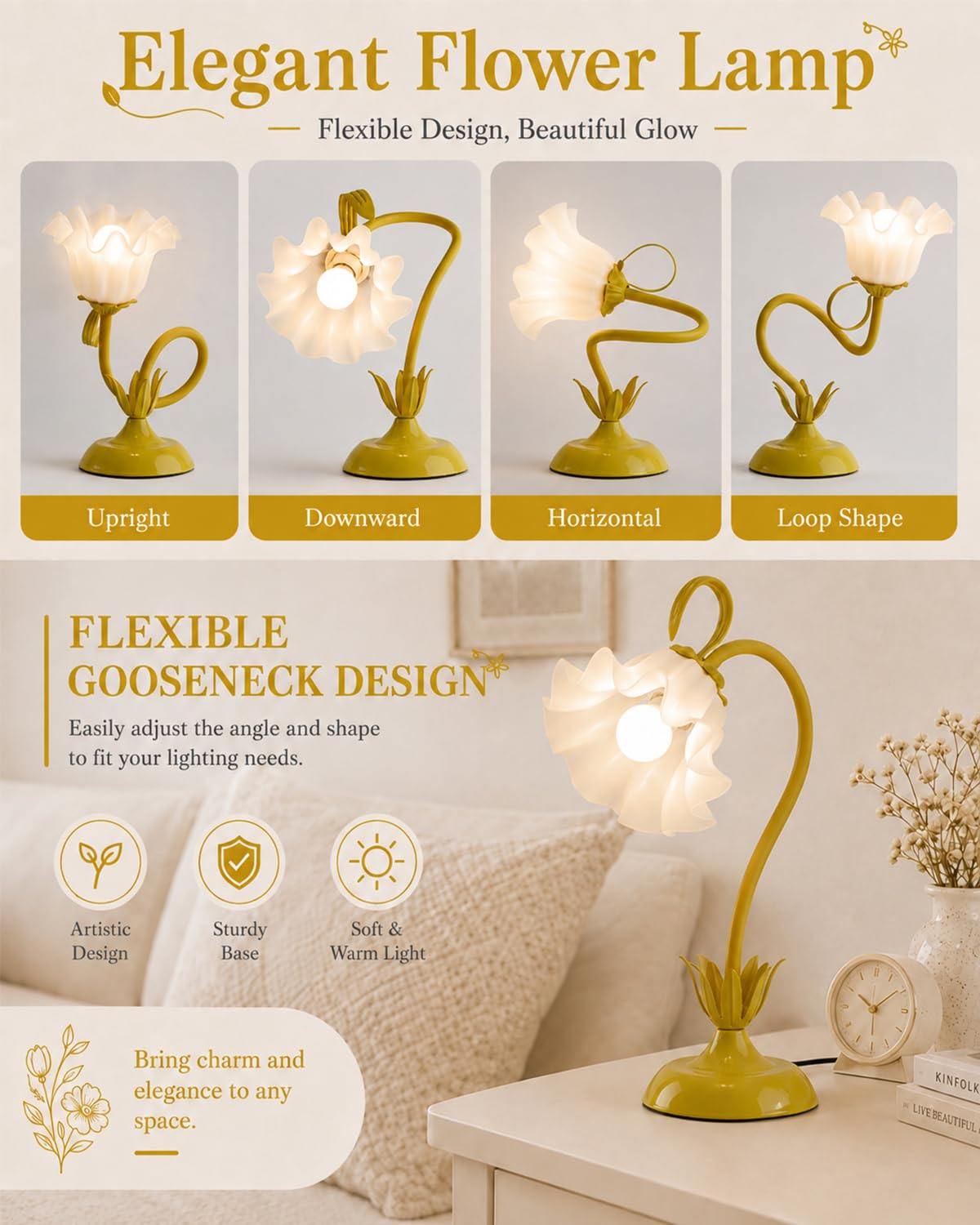 Flower Table Lamp Cute Desk Lamp for Bedroom Home Decor (Yellow / Medium)