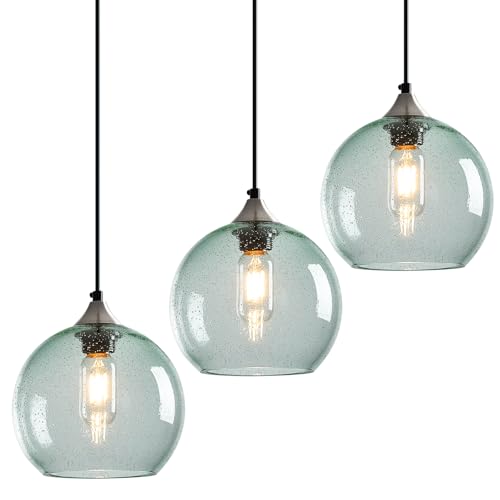 Light Green Seeded Glass Pendant Lights Kitchen Island 3 Pack (Light Green / M - 7.87 in)