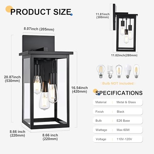 3 Light Large Outdoor Wall Sconce in Black (Black / 3-Light, 1-Pack)
