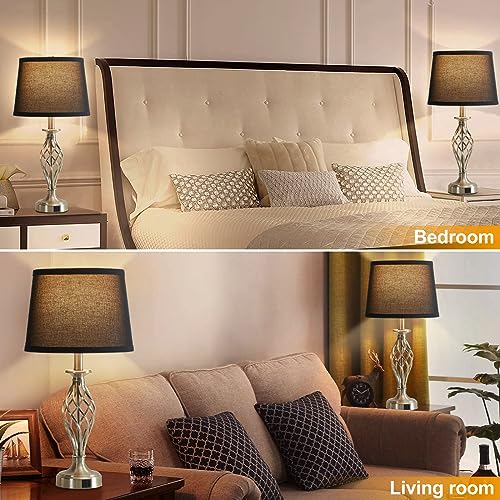 Table Lamp for Bedroom Set of 2 with USB C+A Ports (Silver Base + Black Lampshade)