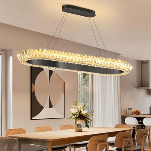 32'' Oval Ring Crystal Chandelier Modern LED Dimmable Ring Pendant Light Chandelier for Dining Room Living Room Black (Black / 1 Ring Oval 32")