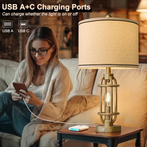 23.75'' Table Lamps Set of 2 for Living Room Bedroom Industrial Farmhouse Metal Touch Lamps with USB A+C Ports (23.75'' Champagne Gold - Set of 2)