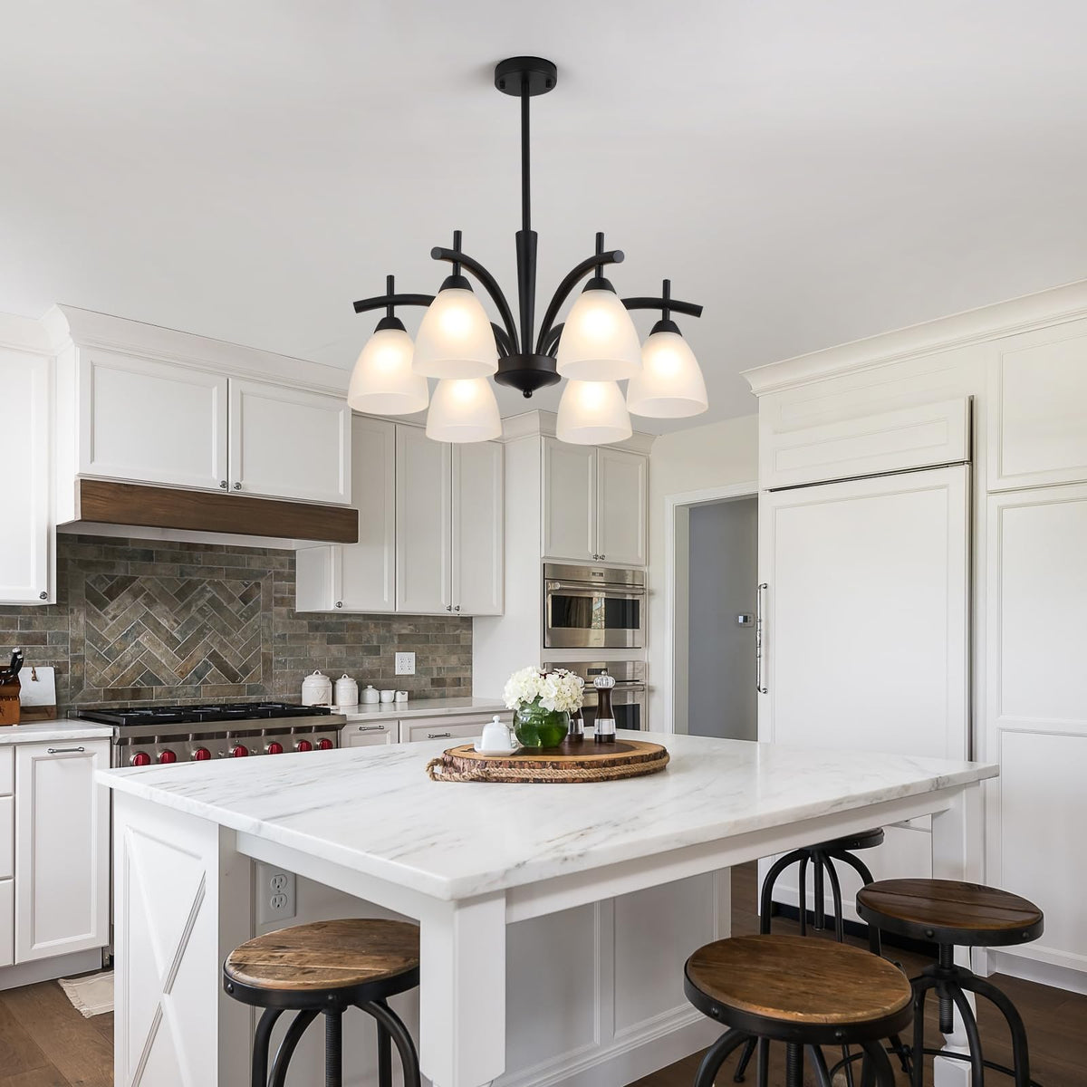 Modern Farmhouse Black Frosted Glass Chandelier Rustic Kitchen Light Fixtures 6 Lights for Dining Room Living Room Foyer Entryway Bedroom UL Listed D25.6 Inches (Black)