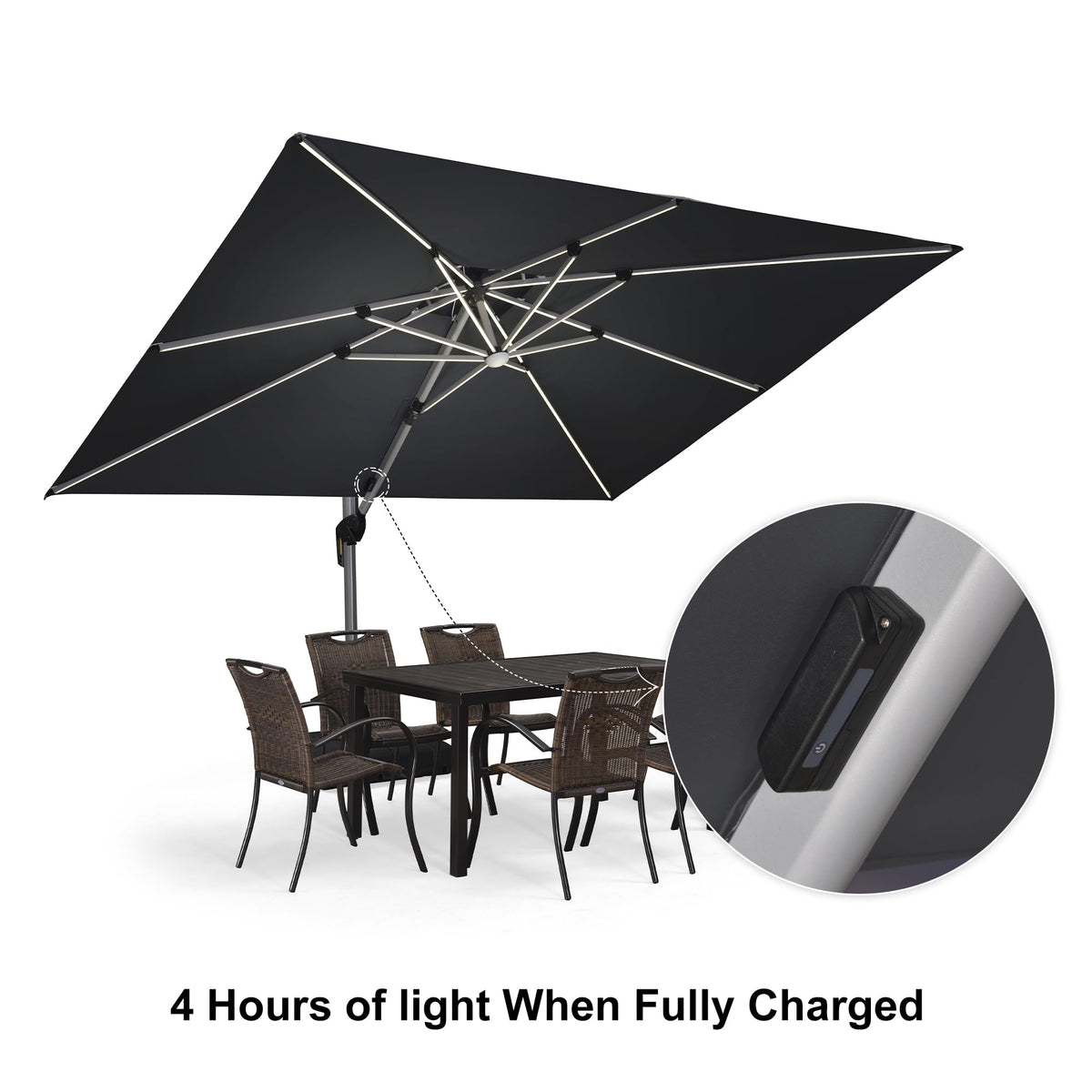 9' X 12' Solar Powered LED Rectangle Cantilever Umbrella With Base Patio Umbrellas Windproof Hanging Umbrella Outdoor Umbrellas (Grey / 9' X 12')