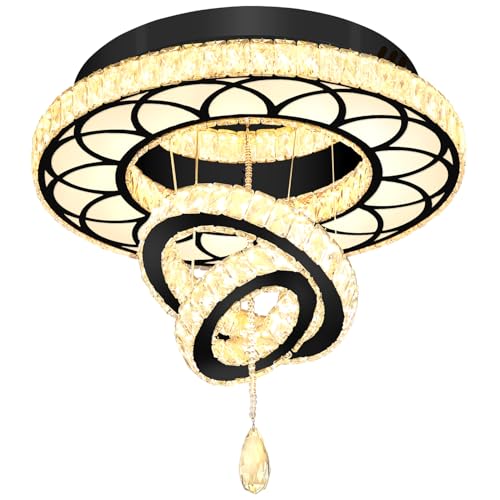 Dia 20" Modern Crystal Chandelier Flush Mount Chandeliers LED Dimmable Bedroom Chandelier Crystal Ceiling Light for Dining Room Living Room Foyer Black (Black / W:20inches)