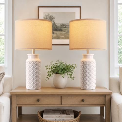 22.6" Modern Ceramic Bedside Lamps Set of 2 (White)