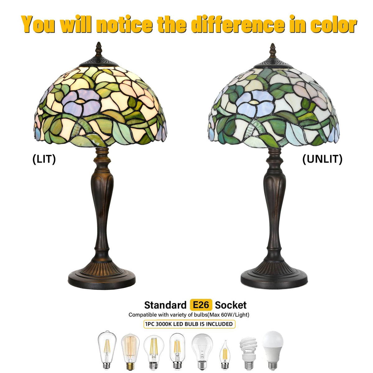 TL0005 Tiffany Table Lamp Bedside Stained Glass Lamp Spring Floral Design Reading Desk Light 12X21.5 Inches for Bedroom Living Room Home Office (Spring florals)