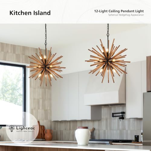 Farmhouse Sputnik Chandelier for Dining Room Rustic Handmade Natural Wood