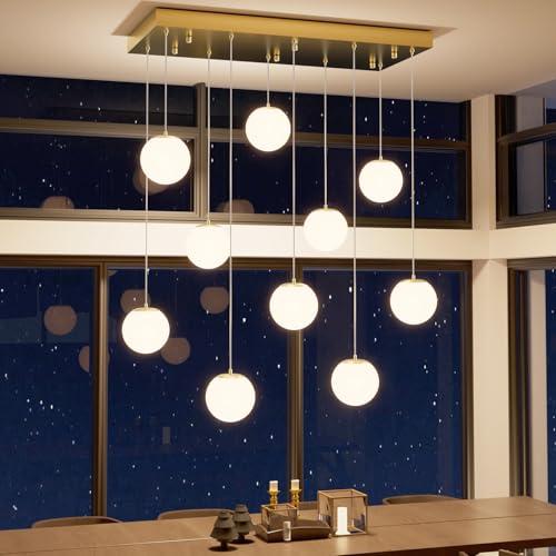 10 Lights Globe Chandelier Gold Pendant Lighting Fixture Hanging Ceiling Light for Dining Room (Gold-White / Rectangle 10-Light)