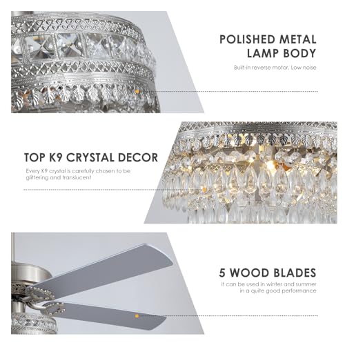 52" Silver Crystal Chandelier Ceiling Fans with Lights and Remote Control (Silver-52Inch)