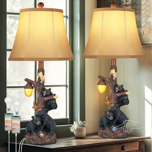 Set of 2 Bear Bedside Table Lamps for Bedroom with Nightlight & USB A+C (Rustic)