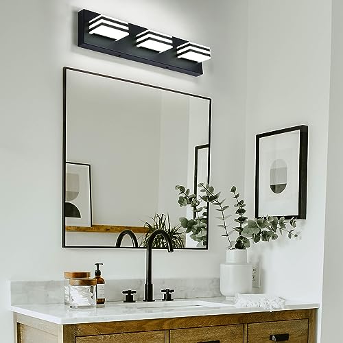 Black Vanity Lights 3 Light Bar Light for Bathroom 20 Inch Mirror Light Fixtures Black Bath Lamps above Mirror 18W Vanity Sconces Modern Bathroom Sink Lights Acrylic Wall Lighting for Restroom (Black-Not-Dimmable / 3-Light, 20-Inch)