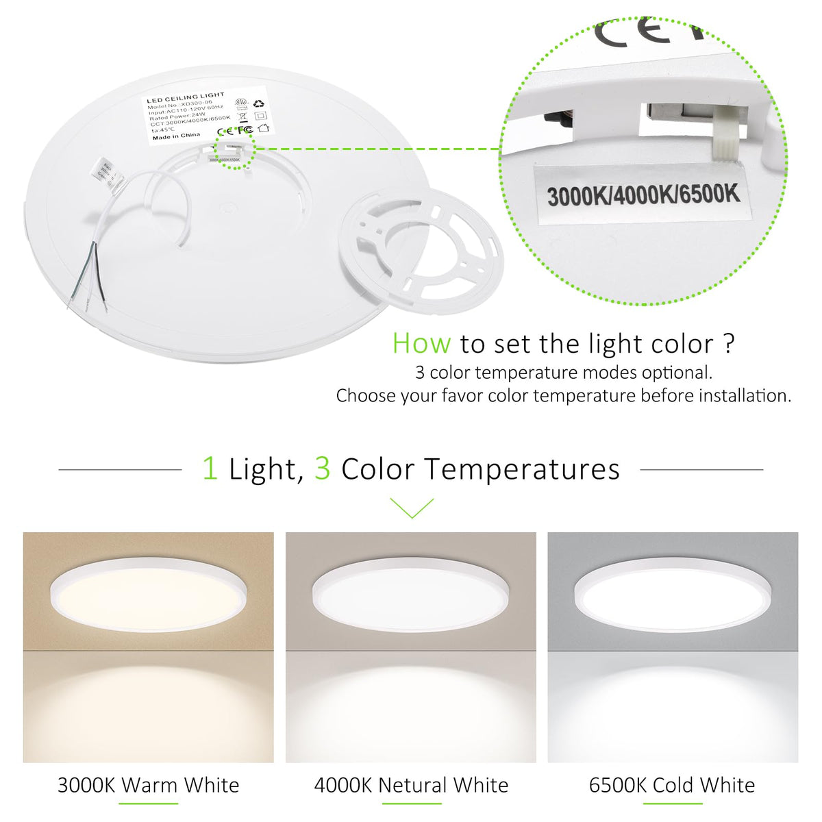 LED Flush Mount Ceiling Light 15in Thin 3CCT White Wired (15Inch-6 Pack / White)