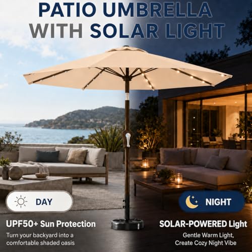 10FT Solar Patio Umbrella with Lights (Khaki / 10 FT)
