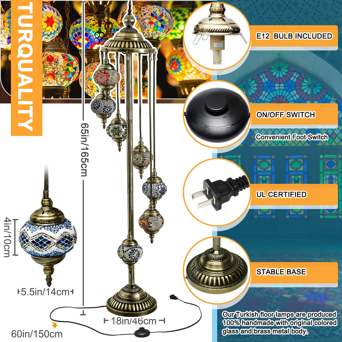 Turkish Mosaic Floor Lamp Moroccan Lamps (7 Globes Style)