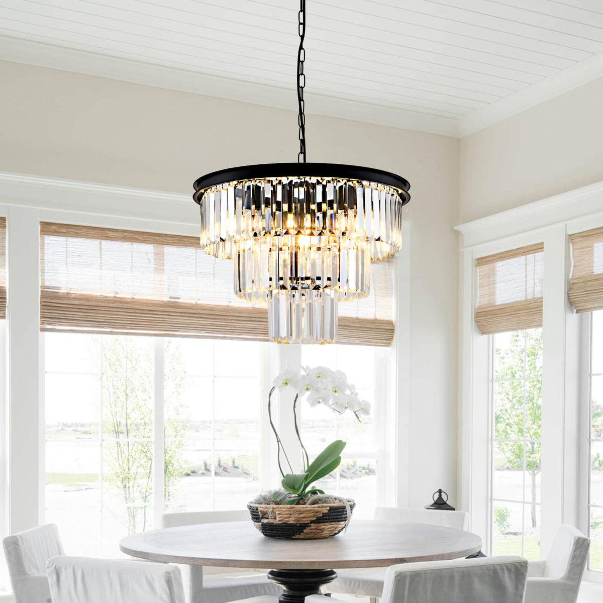8 Light Modern Crystal Chandelier 20'' Black Chandeliers for Dining Room Contemporary Pendant Light Fixture Round 3 (Black & Clear Crystal / 20'')