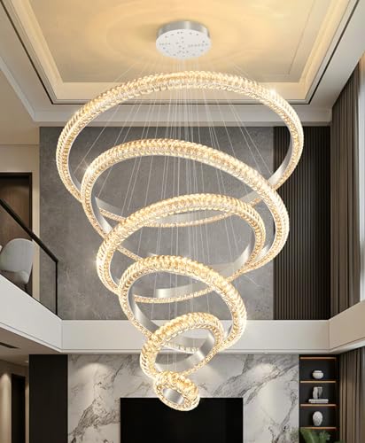 47" 6 Ring Crystal Chandelier Modern LED Dimmable Ring Pendant Light Chandelier for Dining Room Living Room Silver (Silver / 6 Ring Round 47")
