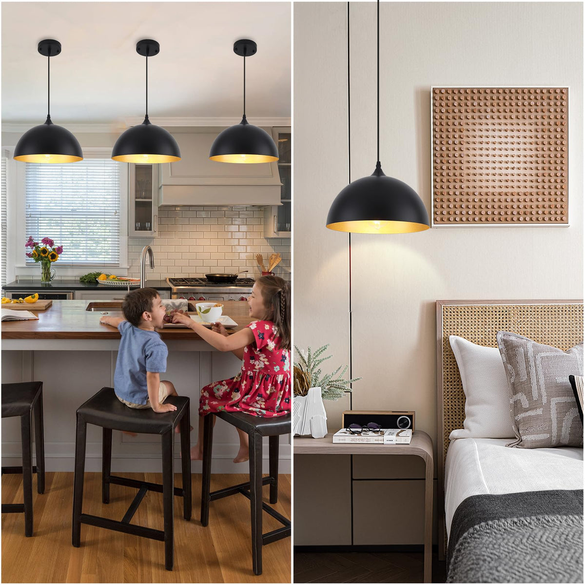 Black Pendant Light Fixtures (Black+Gold / 12"x1)