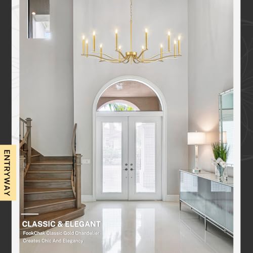 12 Light Gold Living Room Chandelier Large Chandeliers for High Ceiling Foyer Brass Chandelier 53in Metal Chandeliers Hanging Light for Master Bedroom Dining Room Light Fixture Over Table (Gold / 52.7 inch)