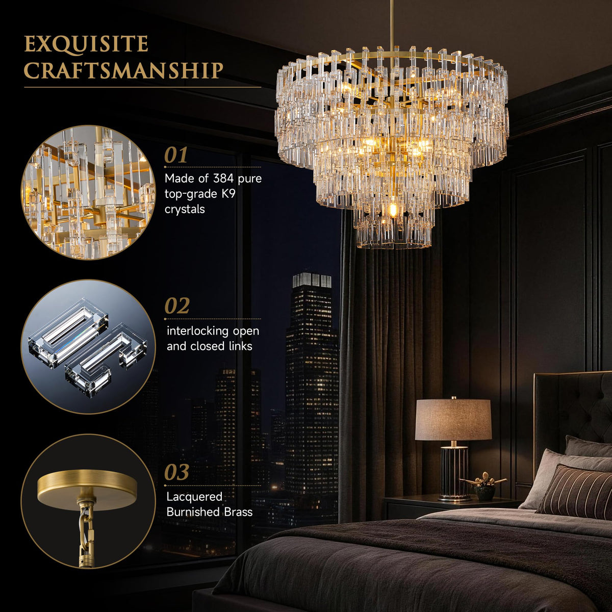 36'' W Round Crystal Chain Chandelier 9 (Gold-4(36''))