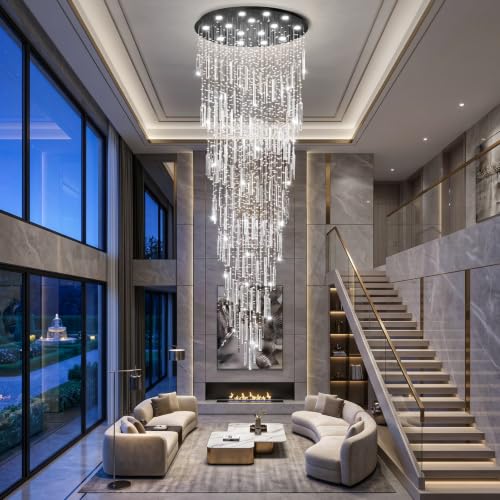 D40'' x H120'' Crystal Chandelier High Ceiling Chandeliers for Entryway Large Raindrop Chandeliers LED Dimmable Flush Mount Light Fixtures for Staircaes Foyer Hallway Living Room Bulbs Included Black (D40" x H120" Black)
