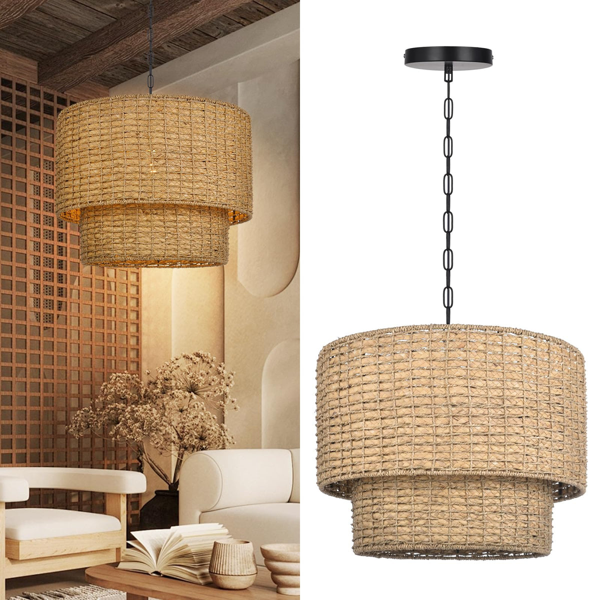 Large Rattan Chandelier Natural Woven Double Drum Pendant Light Vintage Ceiling Hanging Light Fixture for Kitchen Island Bedroom Hallway 23.62" (1-Light / 23.6″H)