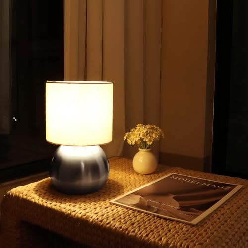 Modern Silvery Small Table Lamp with Cotton Linen Shade (Pack of 1 / Silvery)