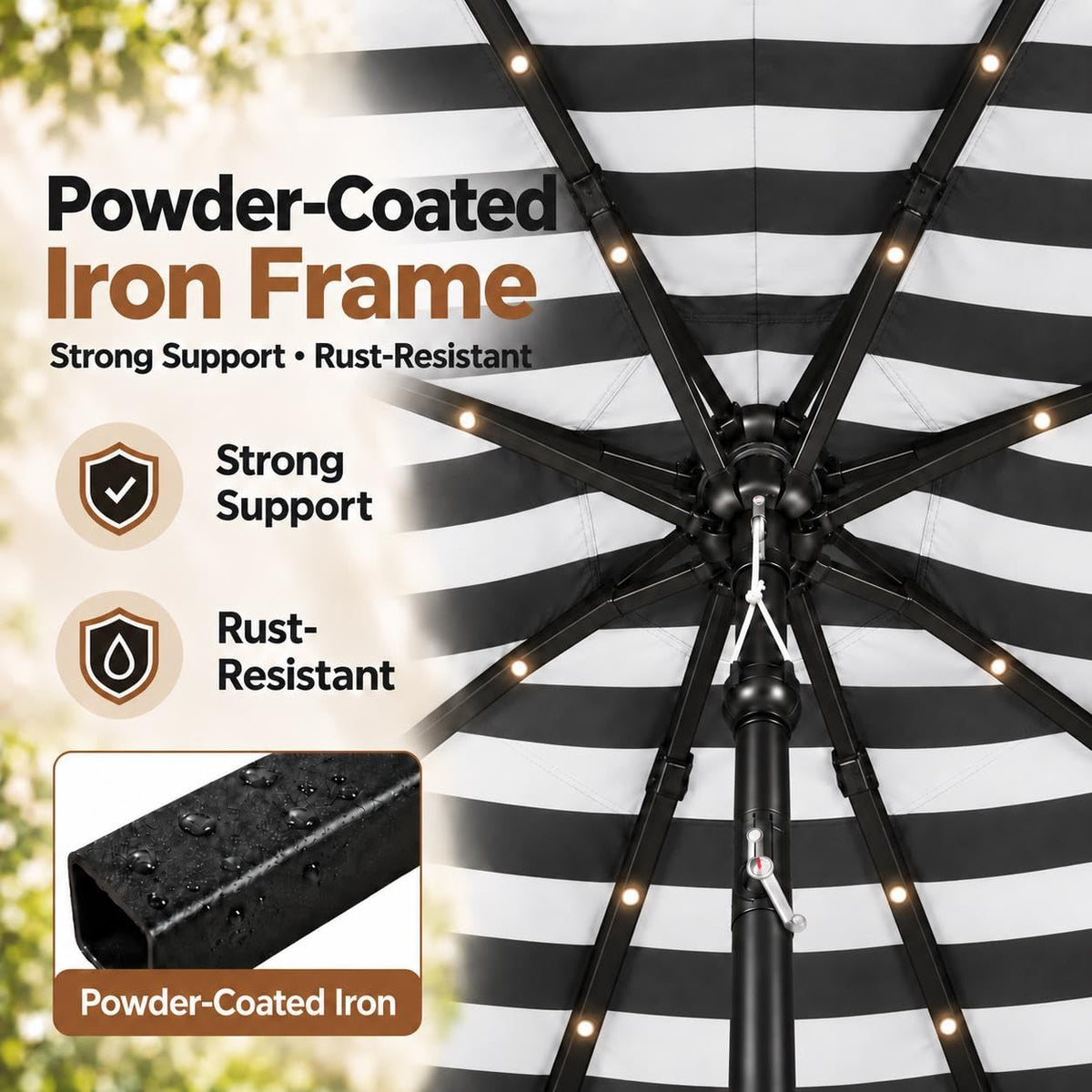 9FT Solar Patio Umbrella w (Black/White / 9FT)