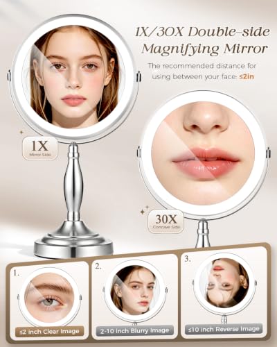 30X 1X Magnifying Mirror with Lights (Chrome)