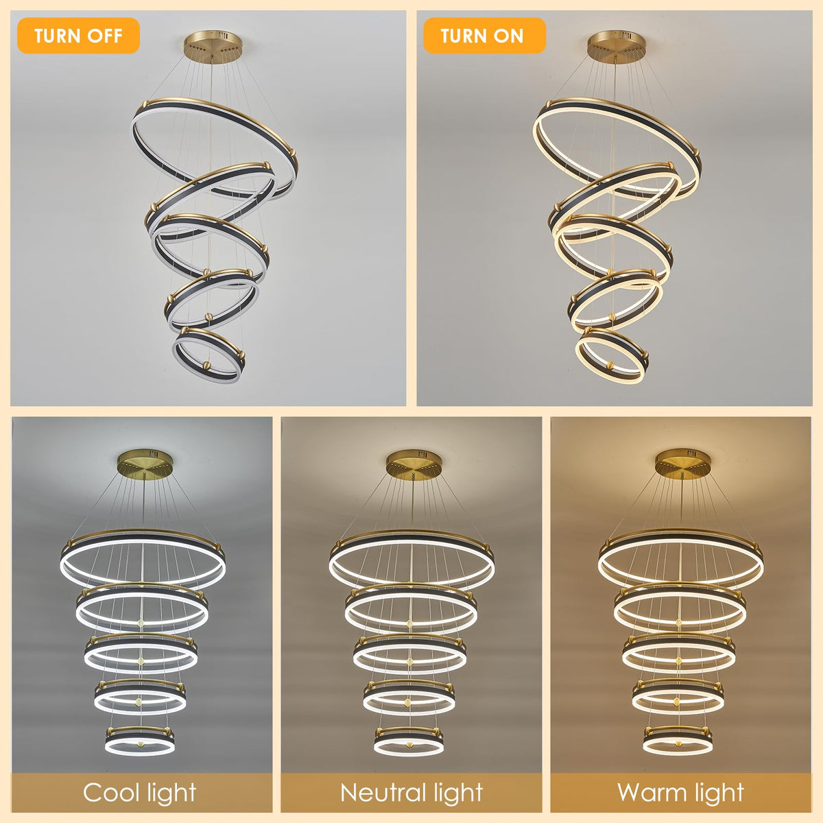5 Rings LED Chandelier Black Gold Dimmable Large High Ceiling Chandeliers (5 Ring Circular D29.5in / Black Gold)