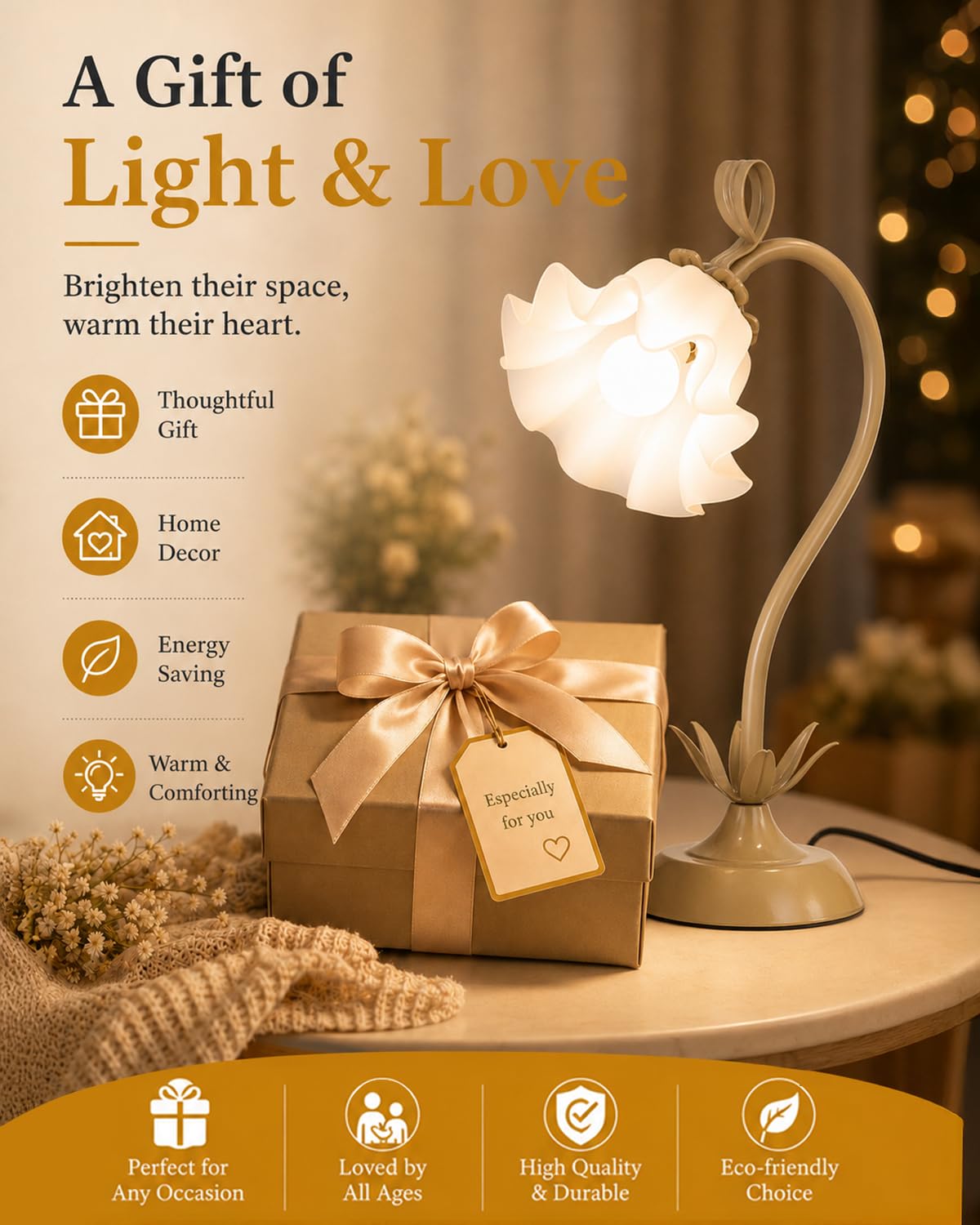 Flower Table Lamp Cute Desk Lamp for Bedroom Home Decor (Brown / Medium)