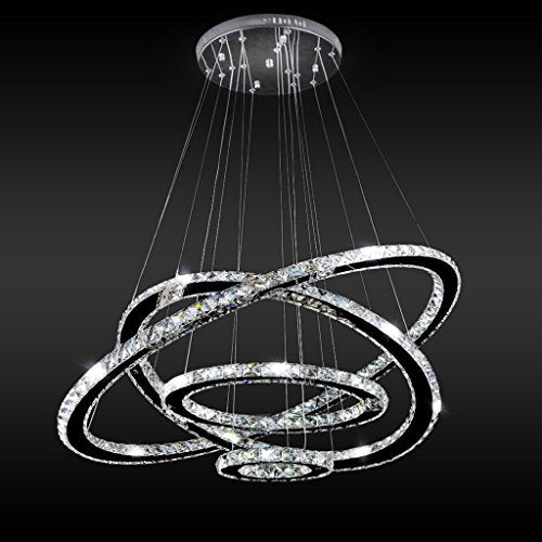 Crystal Chandeliers Modern LED Ceiling Lights Fixtures Pendant Lighting Dining Room Chandelier Contemporary Adjustable Stainless Steel Cable 4 Rings DIY Design D31.5+23.6"+15.7"+7.8" (31.5")