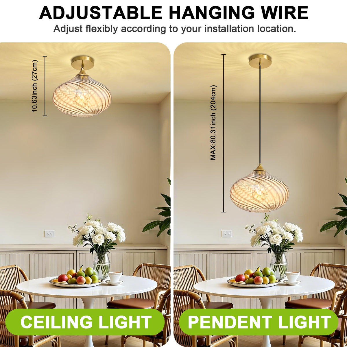 11in Gold Pendant Lights Kitchen Island with Amber Glass Shade 1Pack (Gold-Striped Amber Glass)