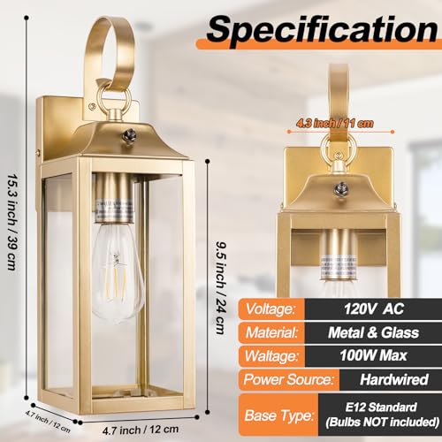 15 Inch Dusk to Dawn Outdoor Wall Lights Porch Light 2 Pack Gold (15 Inch Dusk to Dawn / Gold)