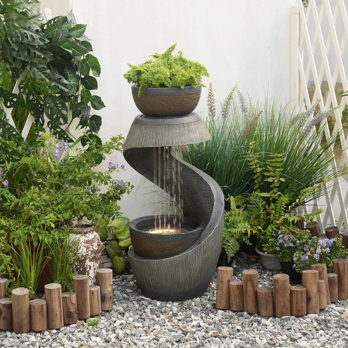Modern S Shaped Garden Outdoor Water Fountain with LED Lights Gray (31.9H-G)
