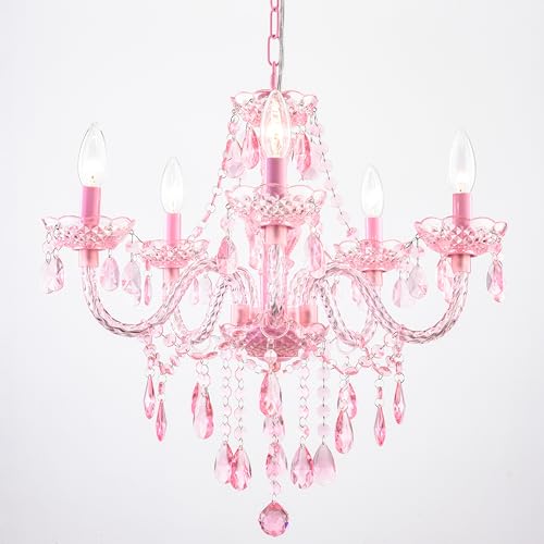 Plug in 5 Lights Pink Crystal Hanging Pendant Light Acrylic Chandelier (Pink-L-5)