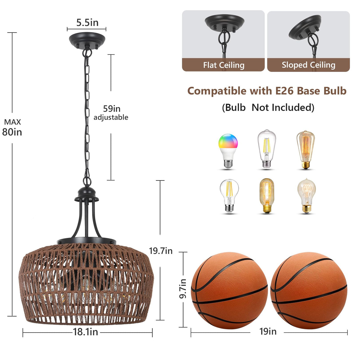 Coffee Rattan Chandeliers for Dining Room (Coffee / 5-Lights (D)18.1 in)