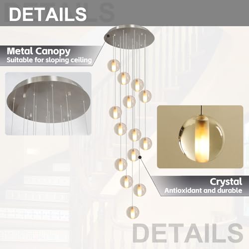 14 Lights Staircase Chandelier for High Ceiling (14 Light / Nickel Canopy)
