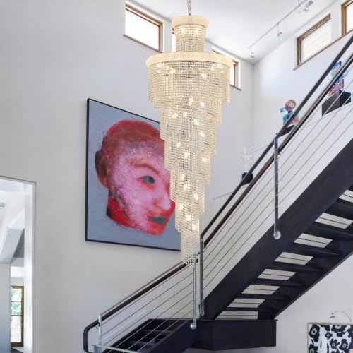 34 Light Extra Large Long Spiral Crystal Chandelier for High Ceiling Foyer Entryway Living Room Staircase Chrome Finish 86'' H X 32'' W X 32'' D (Chrome / 86'' H X 32'' W X 32'' D)