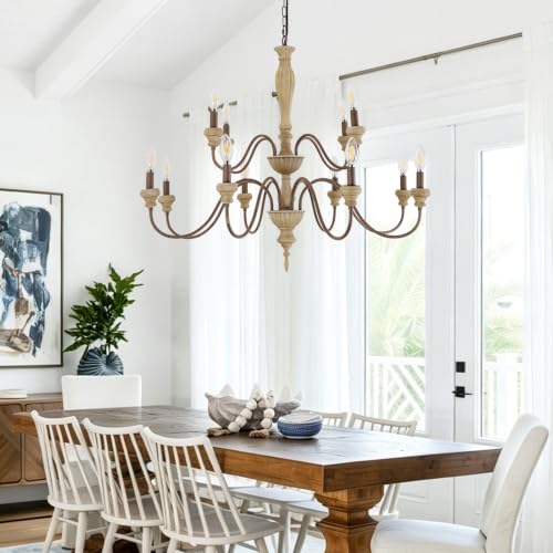 12 Light Large Farmhouse French Country Chandelier for Dining Room (Distressed Wood)